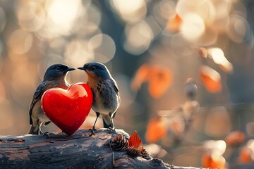 Two birds and red heart . - obrazy, fototapety, plakaty