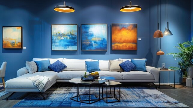 A contemporary living room featuring a bold blue accent wall, where multiple framed paintings create a captivating gallery display