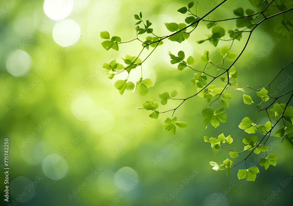 Poster close up spring nature view of green brunches on blurred garden background with copy space. natural 