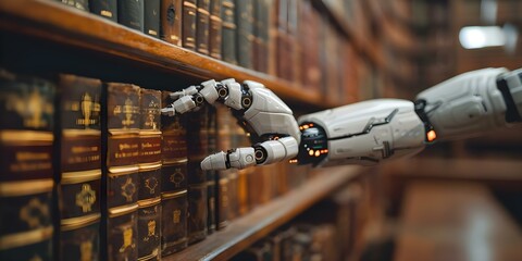 Robot hand holding legal tools in a lawyers office with icons symbolizing AI and online legal technology. Concept Artificial Intelligence, Legal Technology, Robot Hand, Lawyers Office, Online Tools - obrazy, fototapety, plakaty