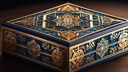 A gold and blue box with intricate designs on it. The box is sitting on a wooden surface