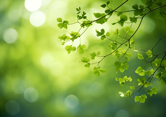 Close up spring nature view of green brunches on blurred garden background with copy space. Natural background Generative Ai