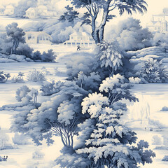 Toile de jouy pattern with countryside views with castles and houses and landscapes with trees, river and bridges with road in blue color