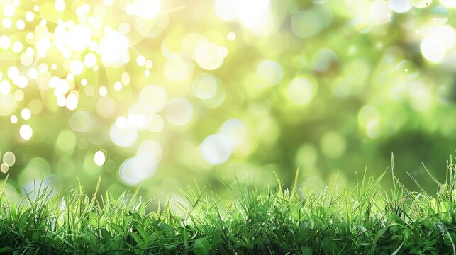 Background of spring featuring bokeh lights and verdant grass.