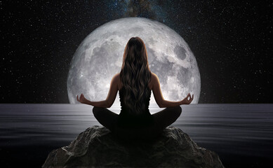Woman meditating front full moon 