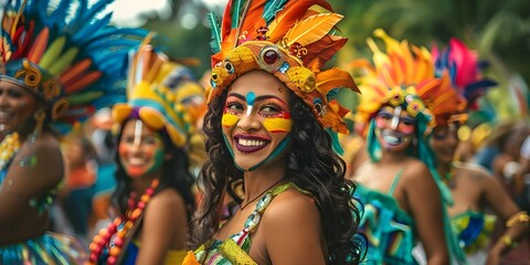 Colorful carnival in Barranquilla Colombia with vibrant costumes music and dances celebrating the citys cultural heritage. Concept Carnival festivities, Barranquilla, Colombia, Vibrant costumes - obrazy, fototapety, plakaty