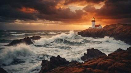 Beautiful seascape. Rocky ocean coast and lighthouse, storm waves and dramatic cloudy sky at sunset. Nature landscape