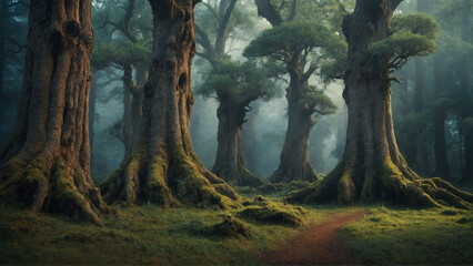 Forest landscape. Big old ancient trees in the mystical deep foggy forest
