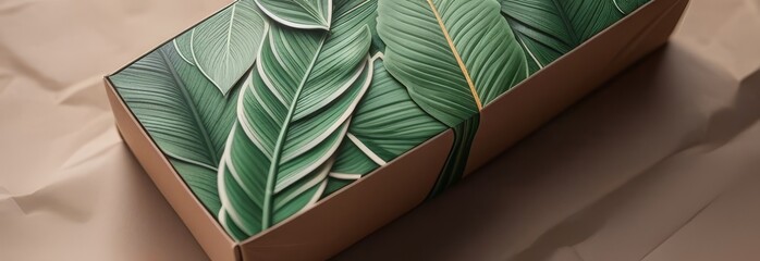 A brown box with green leaves on it. The leaves are arranged in a way that they look like they are growing out of the box