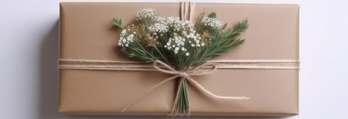 A gold box with a floral design on it. The flowers are green and yellow. The box is wrapped in a ribbon