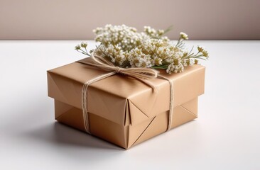 A brown box with a ribbon on it sits on a table. Inside the box is a small plant