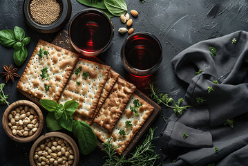 Matzah and wine on a festive table on Passover - obrazy, fototapety, plakaty