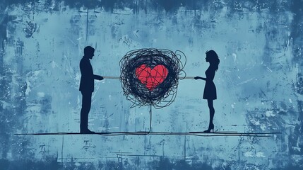 Couple having intimacy and relationship problems. Mental health illustration on blue background. Concept of bad marriage, intimacy issues, couples counselling.  World Mental Health Day 2024.