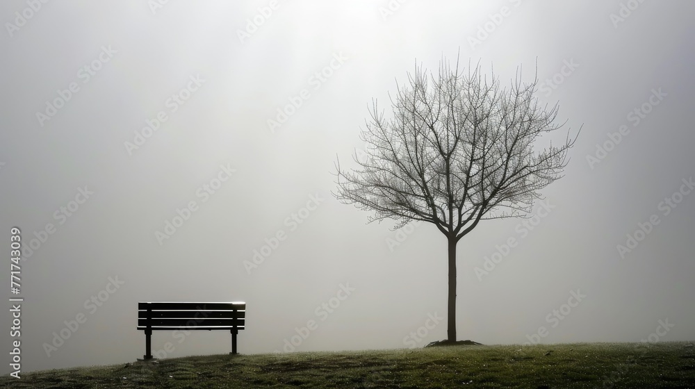 Poster a solitary bench beside a tree in a misty field, with a single tree in the foreground and another in