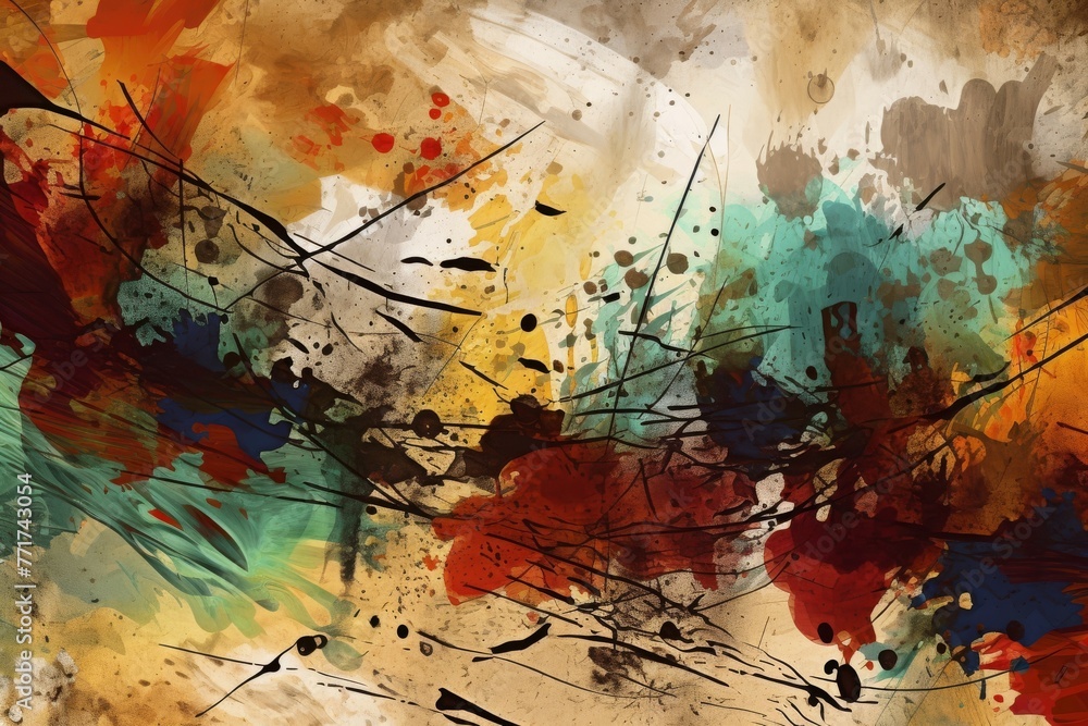 Poster vibrant abstract painting displayed on a wall, showcasing a colorful and dynamic composition that ca