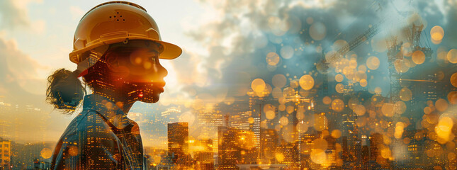 Silhouette of man in yellow helmet amidst construction,generative ai