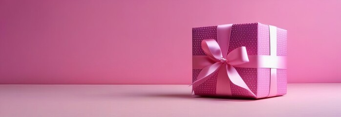 A pink box with a bow on top sits on a pink background. The box is a gift, and the pink color of the box and background suggests a sense of celebration and joy