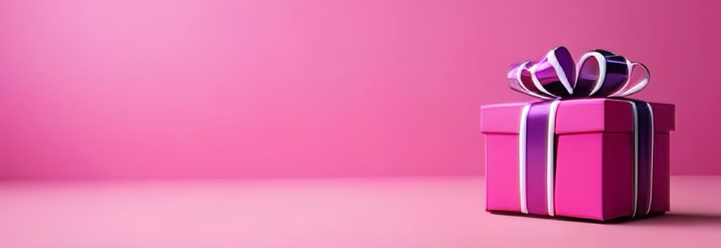 A pink box with a bow on top sits on a pink background. The box is a gift, and the pink color of the box and background suggests a sense of celebration and joy
