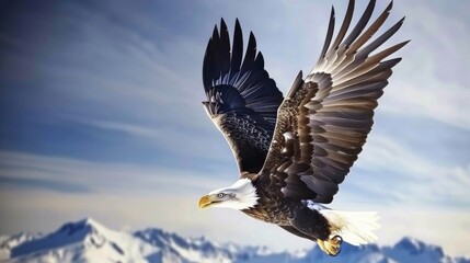 Obraz premium A majestic bald eagle gracefully flying against a serene mountain backdrop