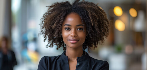confident professional black woman with curly hair in office environment