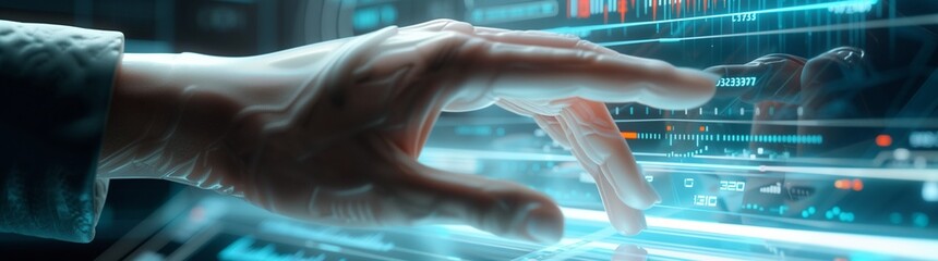 A close-up, super realistic image of a human hand touching a transparent, futuristic interface with holographic data and 3D graphs floating above it.