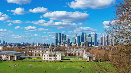 View of the famous Greenwich Park, Thames River and the financial district Canary Wharf on the...