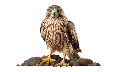 A bird of prey perches gracefully on a rugged pile of rocks, surveying its surroundings with keen eyes