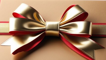 A gold ribbon bow is displayed on a gold background. The bow is the main focus of the image, and it is a gift or a decoration. The gold color of the ribbon and the background creates a luxurious