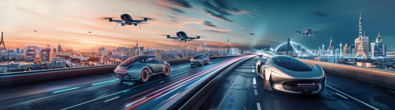 A futuristic cityscape at dusk, with sleek, autonomous vehicles navigating intelligent roads and drones flying above.