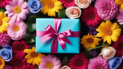 A blue box with a pink ribbon sits in a bouquet of flowers. The flowers are of various colors and sizes, and they surround the box. Concept of joy and celebration