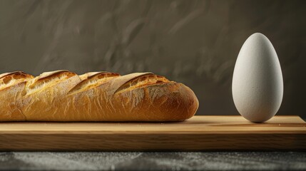  A loaf of bread with a table background and an egg nearby, displayed on a wooden cutting board - obrazy, fototapety, plakaty