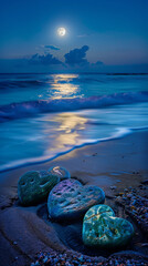 Romantic moonlit beach with heart-shaped stones ideal for couple's retreat advertising and sentimental wall art - obrazy, fototapety, plakaty
