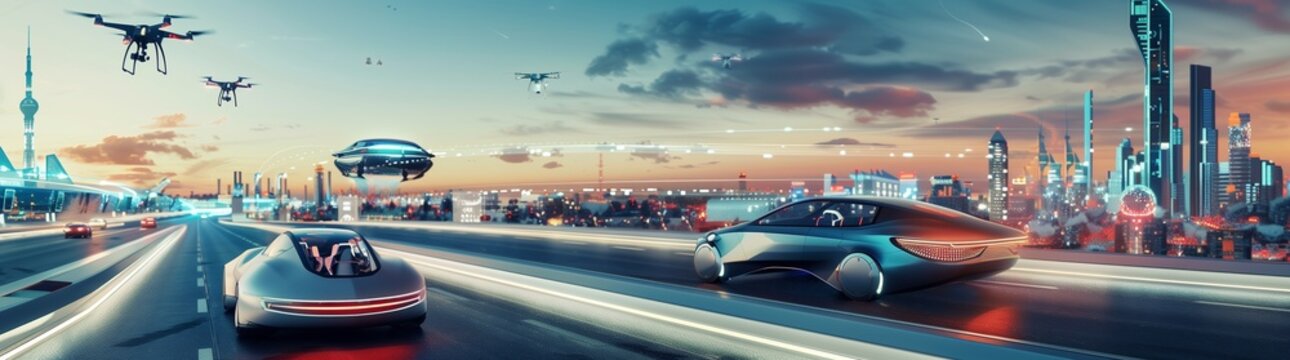 A futuristic cityscape at dusk, with sleek, autonomous vehicles navigating intelligent roads and drones flying above.