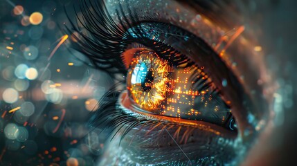 Eye looks to the future business. Woman's eye in the double exposure of a modern city and technology. AI generated illustration