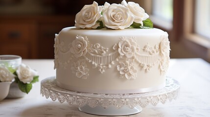 A cake decorated with intricate piped rosettes and delicate lacework borders.