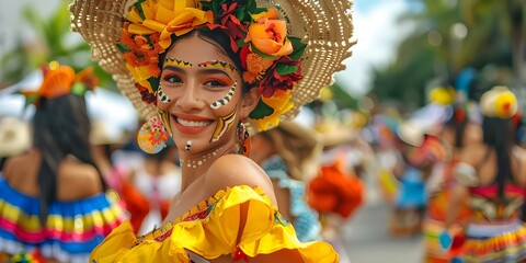 Vibrant costumes rhythmic music and lively dances at Barranquilla Carnival in Colombia celebrate...