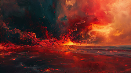 Apocalyptic fiery landscape with dramatic red sky - ideal for intense gaming backgrounds, book covers, or metal album art - obrazy, fototapety, plakaty