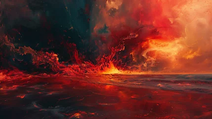 Foto op Plexiglas Apocalyptic fiery landscape with dramatic red sky - ideal for intense gaming backgrounds, book covers, or metal album art © Blue_Utilities