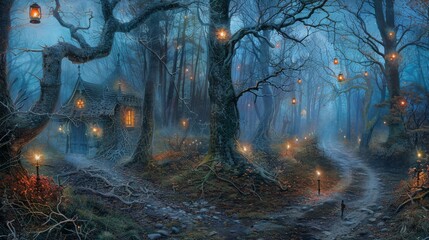  A dark forest painting featuring a lit path to a quaint house adorned with hanging lanterns - obrazy, fototapety, plakaty