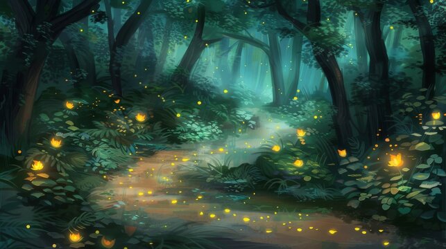  A painting depicts a forest trail lit by numerous fireflies flying above and shining ground below