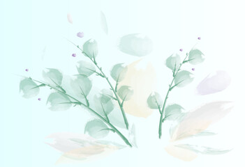 Branches with green petals with a watercolor brush. Spring concept. Vector illustration isolated on a light background.