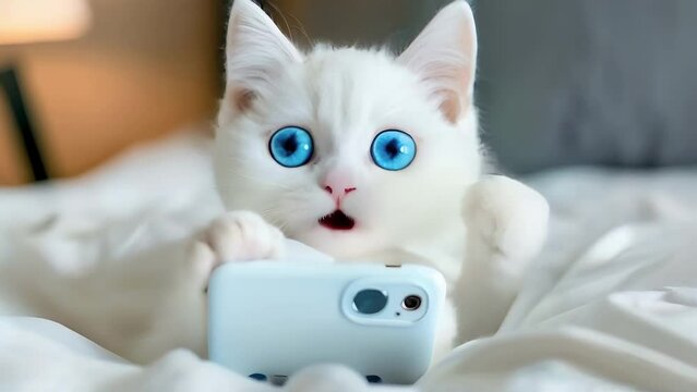 Cute White Cat with Stunning Blue Eyes Captures Photo Using Smartphone