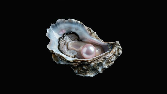 baby pink pearl in a white oyster on a black background