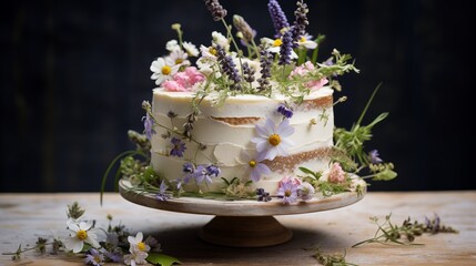 A cake with edible wildflowers arranged in a rustic, natural style.