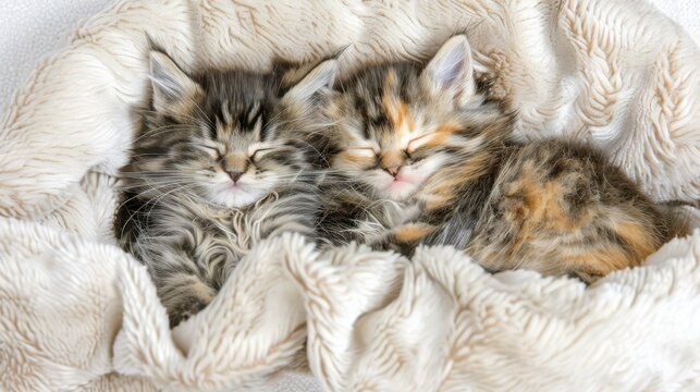  A pair of kittens slumbering atop a mound of white blankets covering a white-floored room