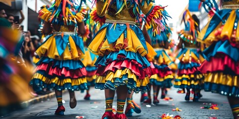 Vibrant carnival in Barranquilla Colombia showcases colorful costumes lively dances and rich cultural heritage. Concept Cultural Festival, Traditional Dances, Vibrant Costumes, Colombian Heritage - obrazy, fototapety, plakaty