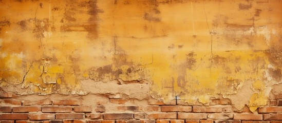 A closeup of a weathered brick wall with peeling brown paint, resembling a rustic landscape painting with hints of amber and wood tones