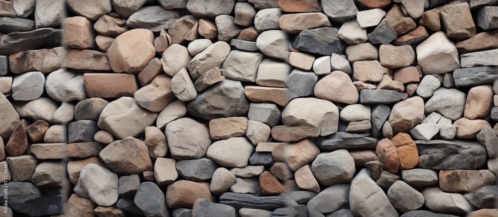 Poster a stack of bedrock and cobblestone rocks creating a stone wall art piece at an event. the rectangula