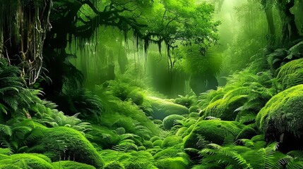  A verdant forest brimming with an array of thriving vegetation, adorning both the canopy above and the earthy ground below