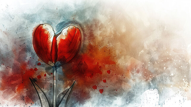 concept of Parkinson's disease day , 11 april, Alzheimer awareness day, dementia diagnosis, memory loss disorder, heart shape and tulip flowers watercolor art in red and white color, cards, banner